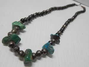 VINTAGE 29" STERLING SILVER NAVAJO HAND MADE BEADS + TURQUOISE NECKLACE- NICE ! - Picture 1 of 6