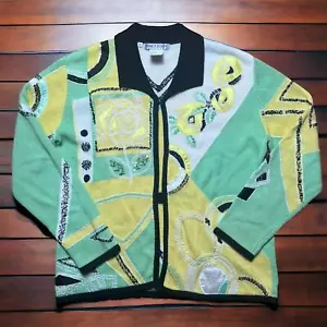 VINTAGE 90s Nancy Bolen Abstract Knit Jacket Avant Garde Lemon Lime Size M - Picture 1 of 7