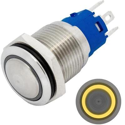 Stainless steel Push button domed Ø16mm Ring LED Yellow IP65 2,8x0,5mm Pins 250V - Image 1 of 3