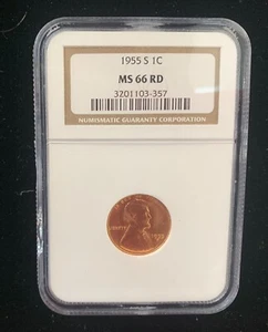 1955 S- MS66RD LINCOLN WHEAT CENT 1C NGC357 - Picture 1 of 2