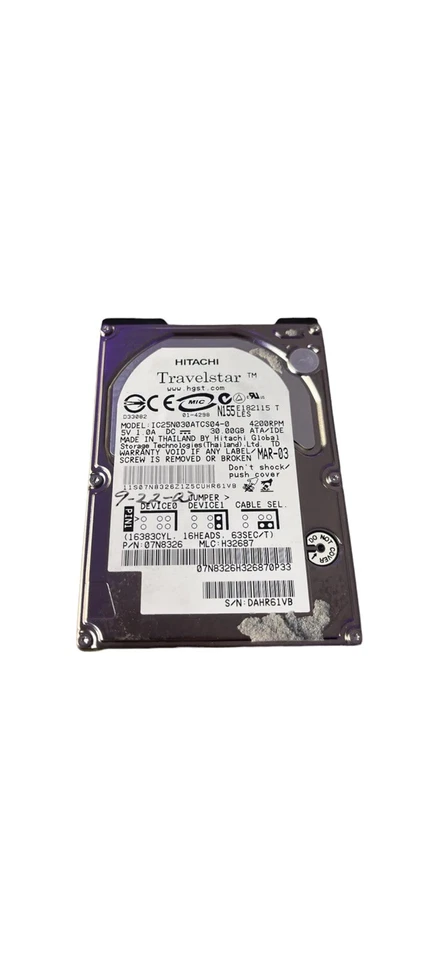 IC25N030ATCS04-0 PN:07N8326 MLC:H32687 30gb 2.5" IDE/ATA Hard Drive **USED** - Image 1 of 2