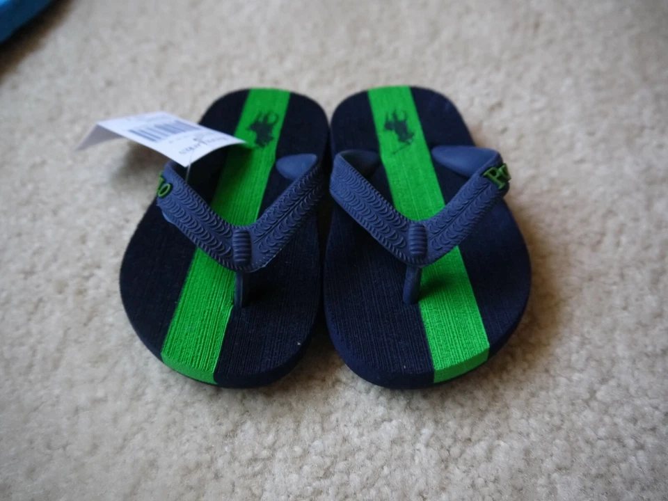 NWT Ralph Lauren Boys Navy/Green Pony Flip Flop   Sz. 7  - Image 1 of 4
