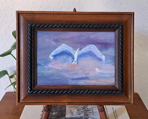 Small Original Painting Bird Flight Sky Signed Sybil 73 Wood Framed Gallery Wall - Picture 1 of 8