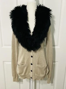 Ralph Lauren Black Label Silk Gold Black Shearling Collar Cardigan Sweater Sz M - Picture 1 of 10
