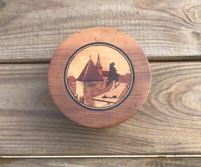 ANCIENNE BOITE PILULIER EN NOYER MARQUETERIE SPINDLER LES TOITS EN ALSACE - Photo 1/4