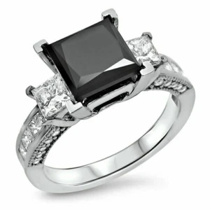 3 Ct Princess Black Diamond Three-Stone Engagement Ring 14K White Gold Finish - Picture 1 of 7