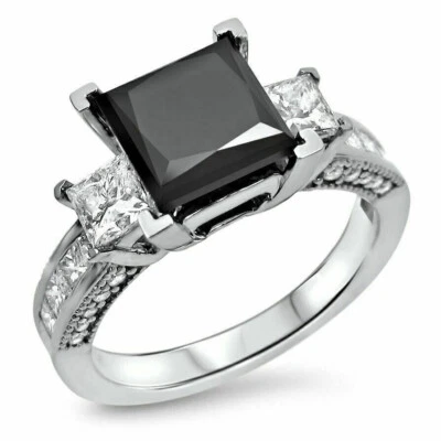 3 Ct Princess Black Diamond Three-Stone Engagement Ring 14K White Gold Finish - Image 1 of 4
