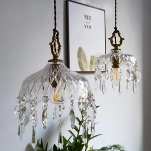 Country Style Pendant Light Transparent Glass Shade with Drop Crystal Hang Deco  - Picture 1 of 10