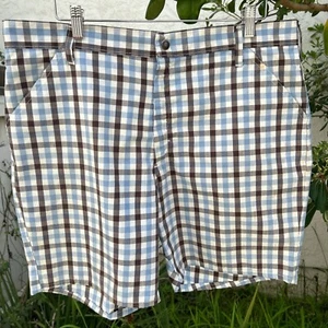 Vintage 70s Penn-Prest Check Shorts 38W Blue Brown Plaid Talon Zip - Picture 1 of 6