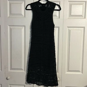 THEORY Small Black Crochet Open Knit Linen Stretch Midi Dress Lined Pullover - Picture 1 of 9