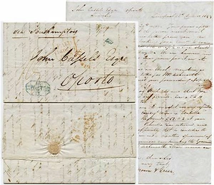 GB to PORTUGAL 1843 LETTER 560 ACCOUNTING + PORTO BOXED in BLUE + TOMBSTONE PAID - Picture 1 of 3
