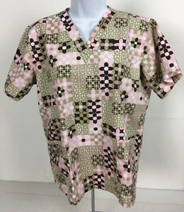 Womens Scrub Top Size S Pink Brown White Floral Pockets V neck Short Sleeves - Picture 1 of 14