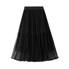 Lady Mesh Pleated Midi A-line Skirt Layered Summer Elastic Waist Ruffle Summer