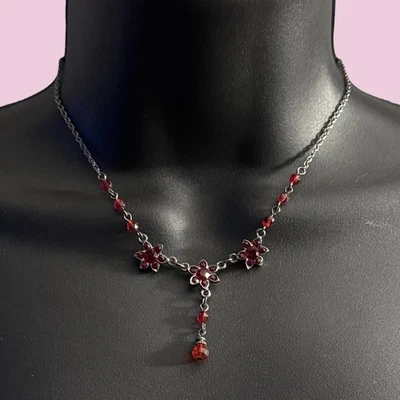 1928 silver tone red gemstone flower Y necklace and earrings set - Image 1 of 4