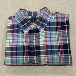 Polo Ralph Lauren Mens Large L S/S Button Shirt Plaid Chambray Oxford Flesh Pony - Picture 1 of 8