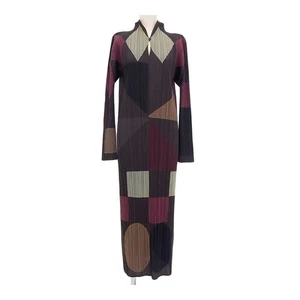 ISSEY MIYAKE PLEATSPLEASE High-neck long dress Women Brown multicolor 【A】 - Picture 1 of 7