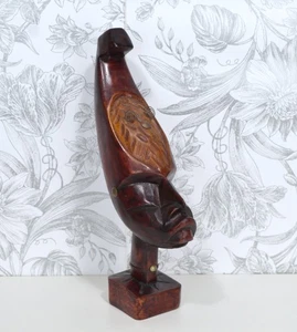 Vintage Haitian Wooden Hand Carved African Tribal Moon Head Sculpture Statue - Picture 1 of 11