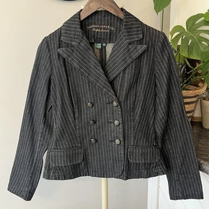 VTG Ralph Lauren Jacket Wmns S 90s Black Pinstripe Denim Double Breasted Blazer - Picture 1 of 20