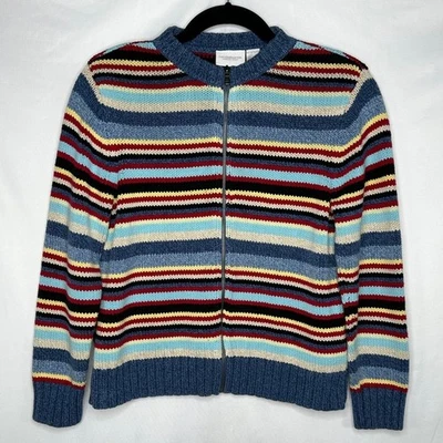 Cárdigan Suéter Liz Claiborne Cremallera Completa Azul Multicolor Rayas Talla L Foto 1 de 4