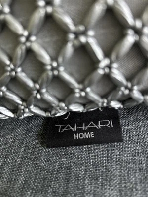 TAHARI HOME Silver Lattice Beaded Throw Pillow Rectangular Metallic Lumbar 17x12 - Image 1 of 4