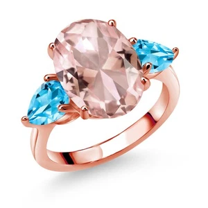 18K Rose Gold Plated Silver Peach Nano Morganite and Swiss Blue Topaz Ring For - Picture 1 of 3