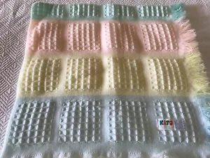 Vintage NEW Pink Blue Yellow Acrylic Thermal Waffle Fringe Lt wt Baby Blanket - Picture 1 of 9