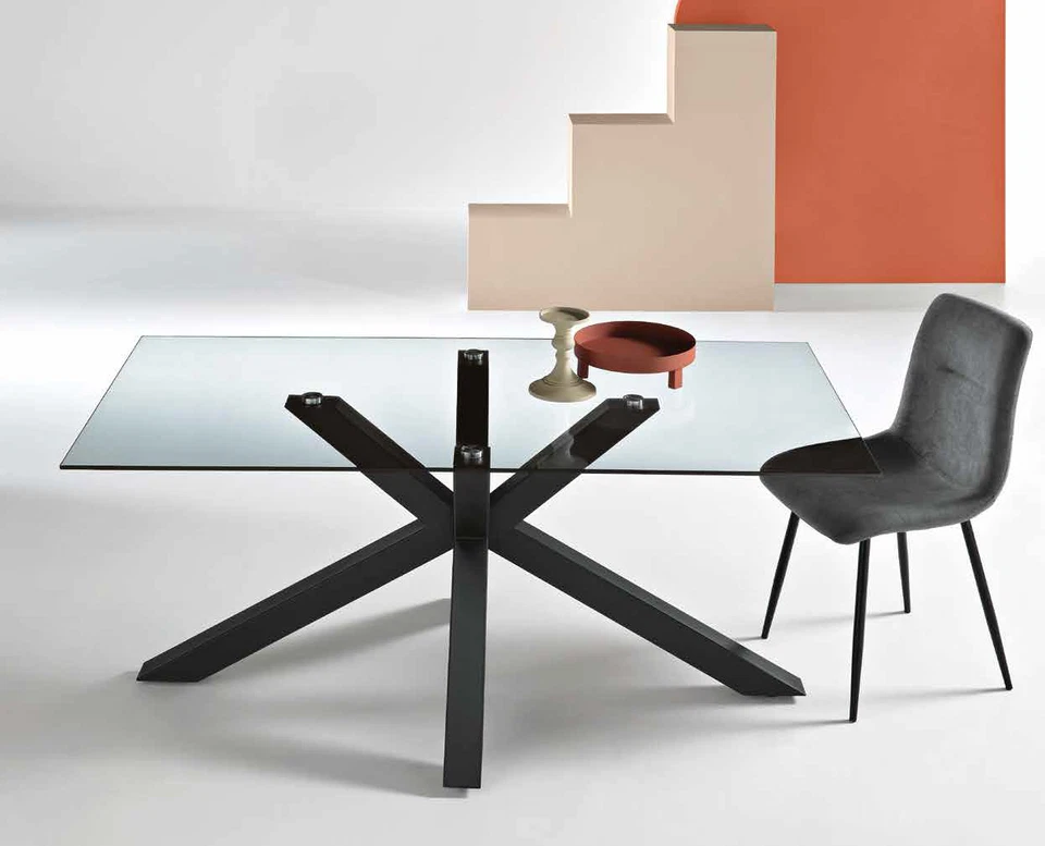 TAVOLO RETT.FISSO PIANO VETRO FUME'/TRASPARENTE L.160/180 BASE METALLO NERA KONE - Immagine 1 di 4