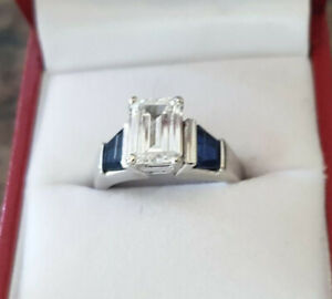 One-of-a-Kind Platinum Emerald Cut Diamond & Sapphire 3-Stone Ring (1.67CT)
