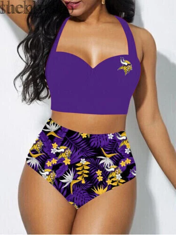 Minnesota Vikings Women's 2PCS Bikini Set Push Up Swimsuit Beach Halter Swimwear Cover