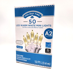 Holiday Time/Wedding 50 Led Warm White Mini Lights White Wire In/Out 12 ft Nib