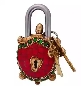 Tortoise Turtle Shaped Brass Lock Padlock: Handmade Antique Design with Colorful - Picture 1 of 3