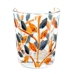 Murano Glass Shot Glass Orange Black Hand Painted Flower Pattern 2oz - Picture 1 of 5