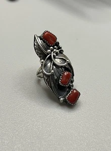 Vintage Large 925 Sterling Silver & Red Coral Native Squash Blossom Ring s6 DL - Picture 1 of 7