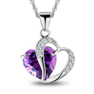 Collana Cuore Cristallo Viola Ametista Argento Compleanno Regali di Natale - Immagine 1 di 4