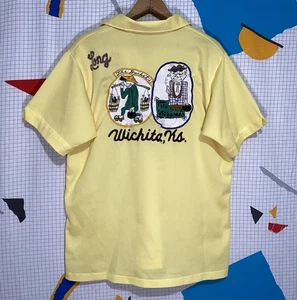 Vintage 70s Bowling Shirt Large Chain Stitching Polo Patches Hilton Wichita - Picture 1 of 11