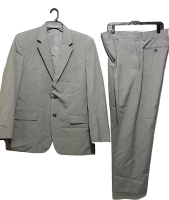 Merona 44R 2PC 3 Button Suit Blazer Men Pants 36x30 Poly Blend Gray With Stripes - Image 1 of 4