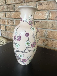 Vintage Chinoiserie Porcelain Vase Pink & White Cherry Blossom Florals - Picture 1 of 6
