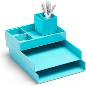 Super gestapeltes Schreibtischset - Aqua, zwei Briefablagen, Zubehörablage, Silikon This+ - Bild 1 von 12