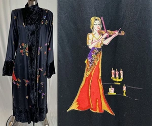Vintage Nataya schwarz Viskose Samt Violine Neuheit Druck 1920 Stil Oper Mantel Neu mit Etikett - Bild 1 von 3