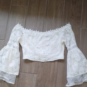 Fashion Nova Womens Size M White Bell Sleeve Crop Top Crochet Lace Romantic Boho - Picture 1 of 9