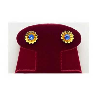 Gold Stud Earrings 9ct Yellow Gold 1.20gram Blue Crystals - BNWT - Image 1 of 3