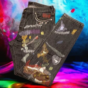 Jessa Jean Black Jeans Pants Stitching Patches Bling 2018 Size 34x32 6/8 Custom - Picture 1 of 12