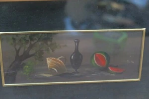 Beautiful & Fine Vintage Painting In Shadow Box Frame Still Life Wine Watermelon - Picture 1 of 7