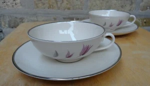Franciscan China CARMEL CUP & SAUCER SET Pink Tulips w Platinum Trim 4pc Set USA - Picture 1 of 9