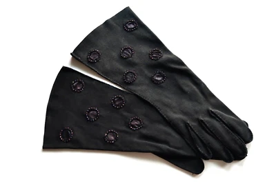 Guantes Hansen vintage años 50 rosa oscuro cuentas metálicas círculos vestido negro para mujer talla 7 Foto 1 de 4