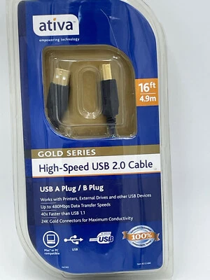 Ativa 16ft 4.9m Gold Series High Speed USB 2.0 Cable A & B Plug 735854333164 New - Image 1 of 4