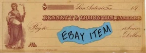 1870 raro SAN ANTONIO Texas cheque bancario BENNETT & THORNTON BANKERS banking - Imagen 1 de 1