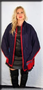 Nuovo bordo pelliccia di volpe mantello misto cashmere blu e rosso Efurs4less - Foto 1 di 4
