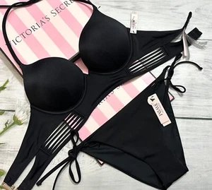 Victoria's Secret Swim Bombshell +2 cup Push-Up Longline Top  Side Tie Set Black - Picture 1 of 10