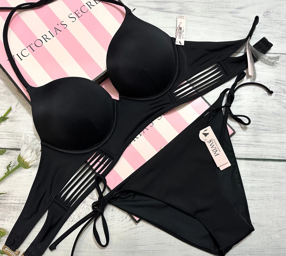 Victoria's Secret Bomba de Natación + 2 Tazas Push-Up Longline Top Juego de Corbata Lateral Negro Foto 1 de 4